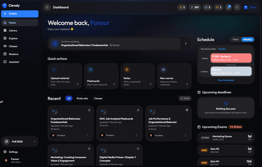 Clevaly web dashboard with schedule, deadlines and recent study sets