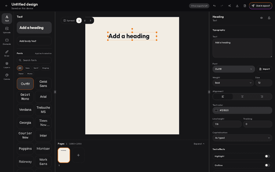 Stencil editor with a heading selected and its typography settings